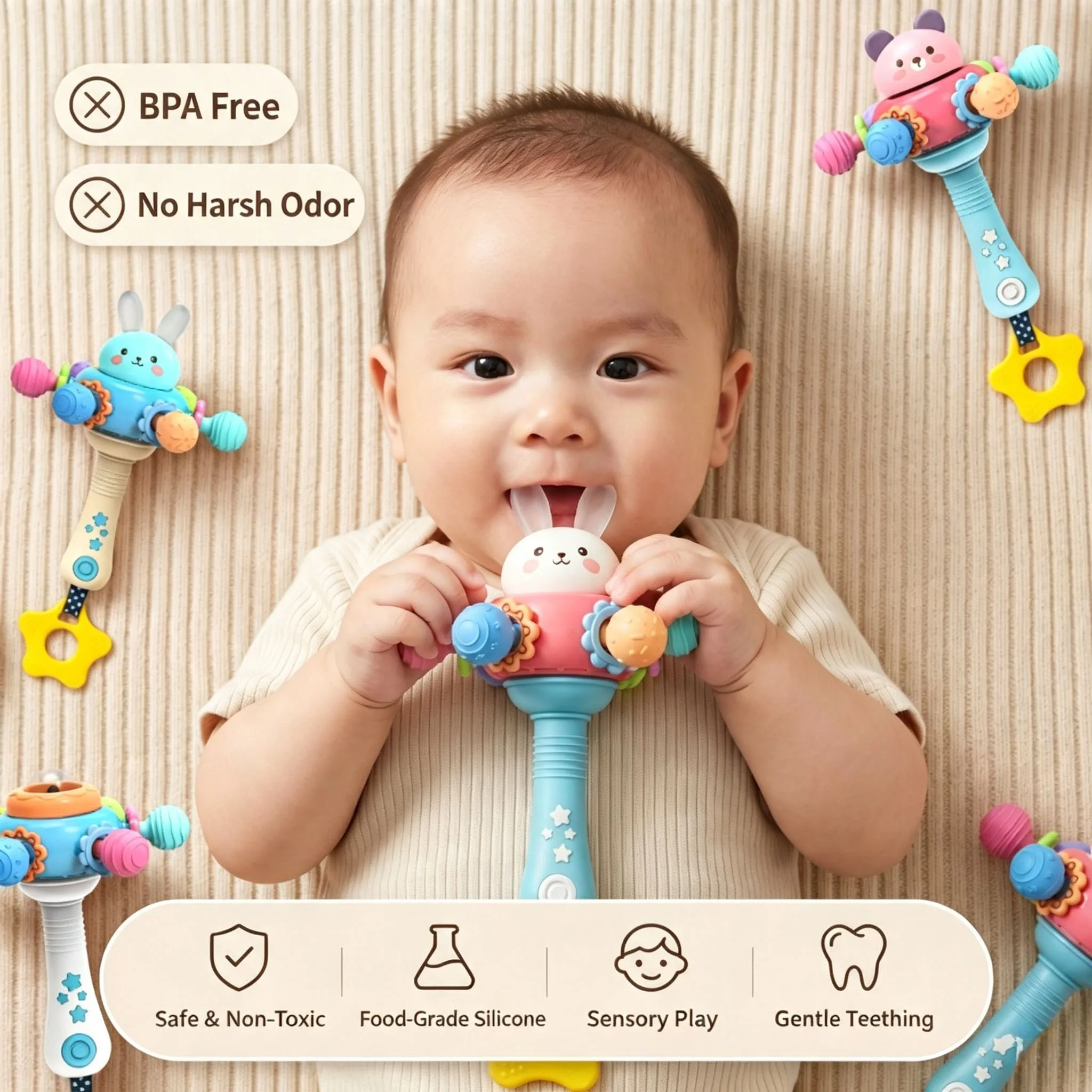 Baby Rattle Teether Toy Rabbit Spinning Suction Cup Grasping Training Early Learning Sensory Play