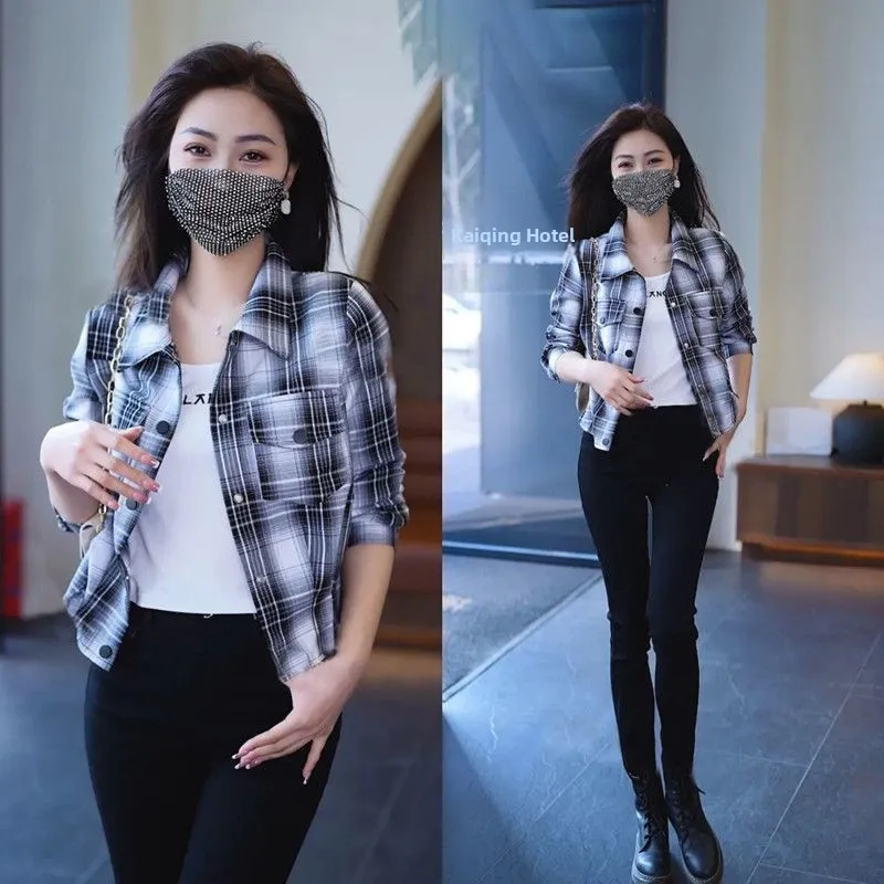 

Spring Autumn Ladies High End Simple Plaid irt Sli Loose ort Women's Top Small Fraance Sle Women's irt