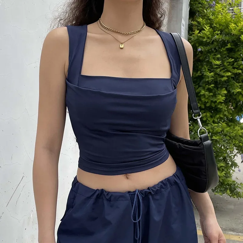 Nice Folds Tanks For Women Solid Elegant Slim Sexy Harajuku Minimalist High Street Y2k Clothes Crop Tops Design