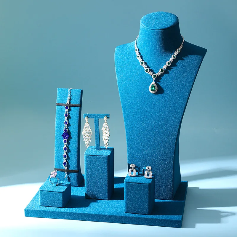 Blue Velvet Jewelry Display Stand Set Necklace Bust Mannequin Ring Earring Bracelet Holder Jewelry Shop Photography Display Prop