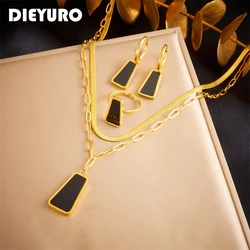 DIEYURO 316L Stainless Steel Geometric Black Necklace Earrings Ring For Women Girl New Party Gift Fashion Jewelry Set Bijoux