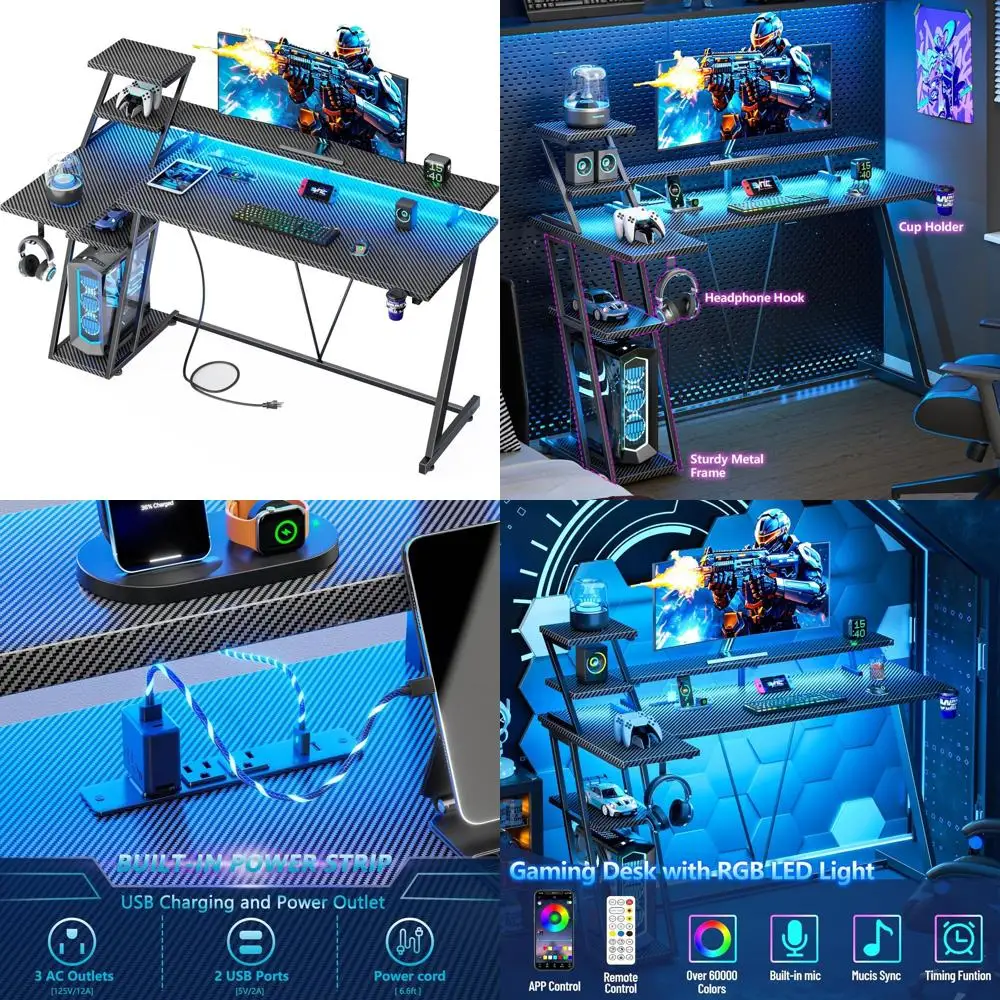 L-Shaped 55 LED Gaming Desk with Power Outlet and Storage Shelves for Monitor and Bedroom Use