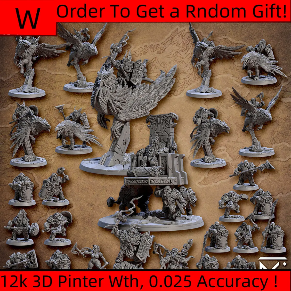 3D Printing Microscopic Models 【 Mountain Dwarves 】King Of The Hill Guard Griffon Cavalry Berserker DND Group Battle Piece Model