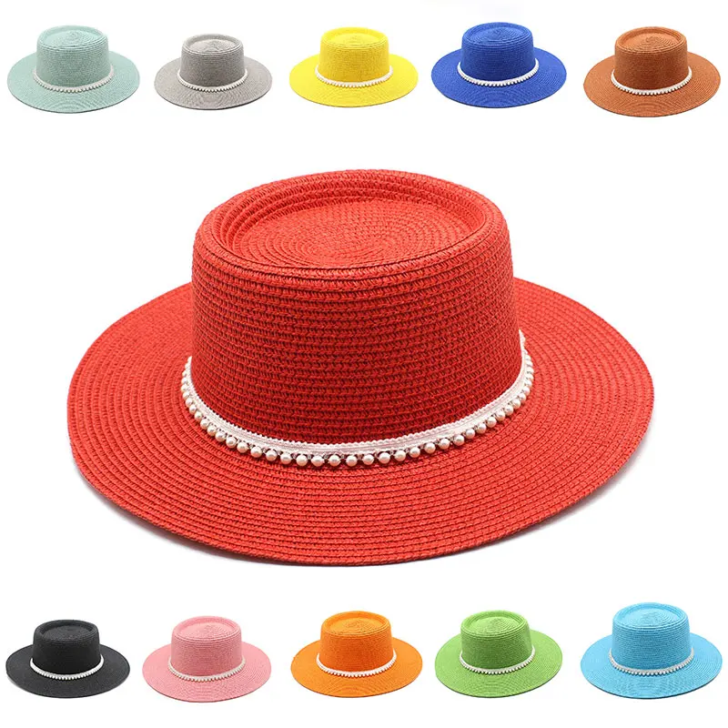 Concave top new straw hat women's summer fashion Hepburn style pearl leisure beach hat simple personality sunshade hat