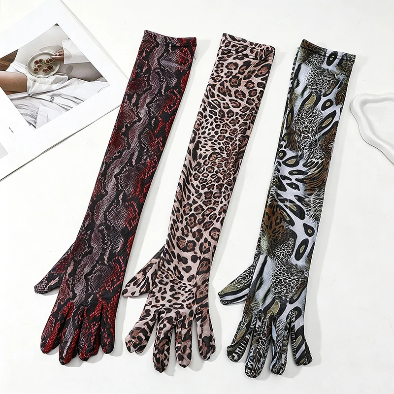 55cm Women Leopard Print Long Sheer Mesh Gloves Breathable Sun Protection Fashion Party Halloween Cosplay Stretch Music Festival
