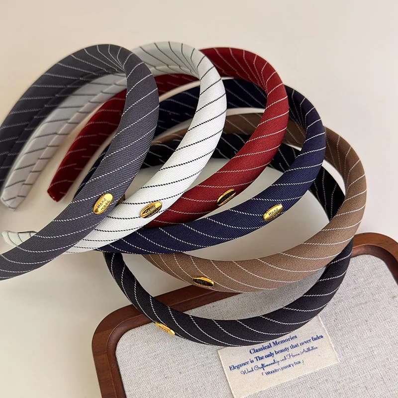 Red Blue Striped Fabric Sponge Headband for Women Gold Logo Design Vintage Fashion Hair Band Retro Chic Daily Wear Comfortable