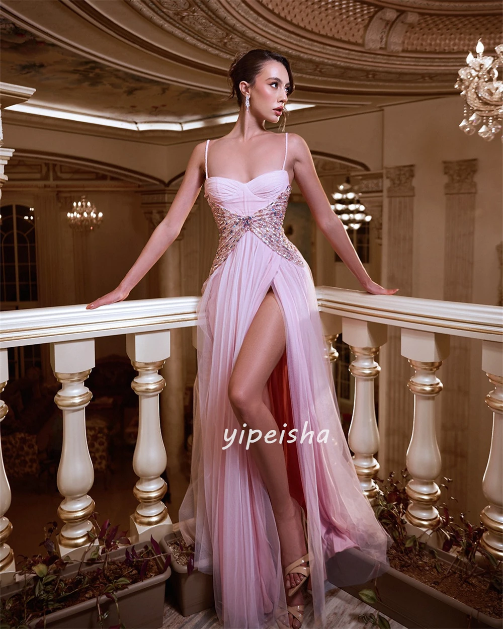 Vestidos de Noche personalizados exquisitos de tul brillante con cuentas de diamantes de imitación, vestidos largos con tirantes finos, vestidos de cóctel con abertura larga