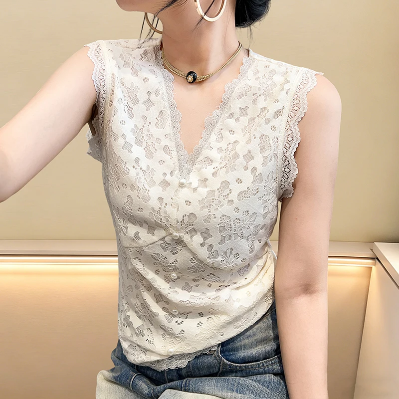 Summer Women's Lace V-Neck Hook Embroidery Transparent Fashion High-End Feeling Vest Top H-Shape Backless Inner Wear
