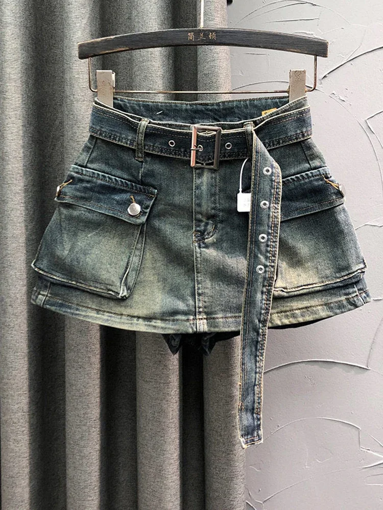 Shorts jeans estilo americano retrô, cinto de bolso grande, saia, calças, tendência de 3 partes, preto, verão, novo, 2022