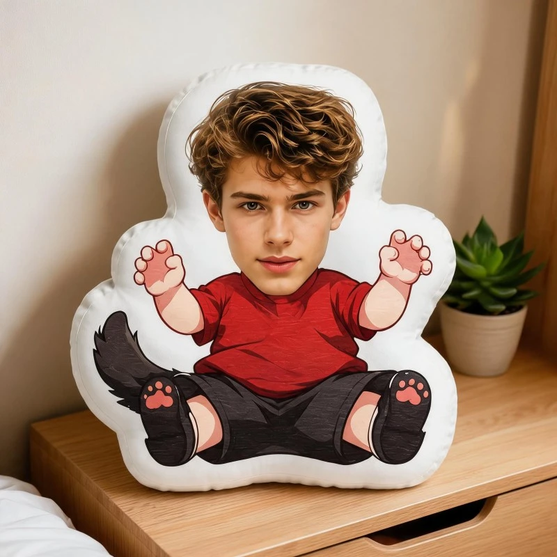 Custom Personalized Photo Face Pillow, Funny Red Shirt And Cartoon Body Custom Shaped Decorative Cushion, Unique Home Decor Acce