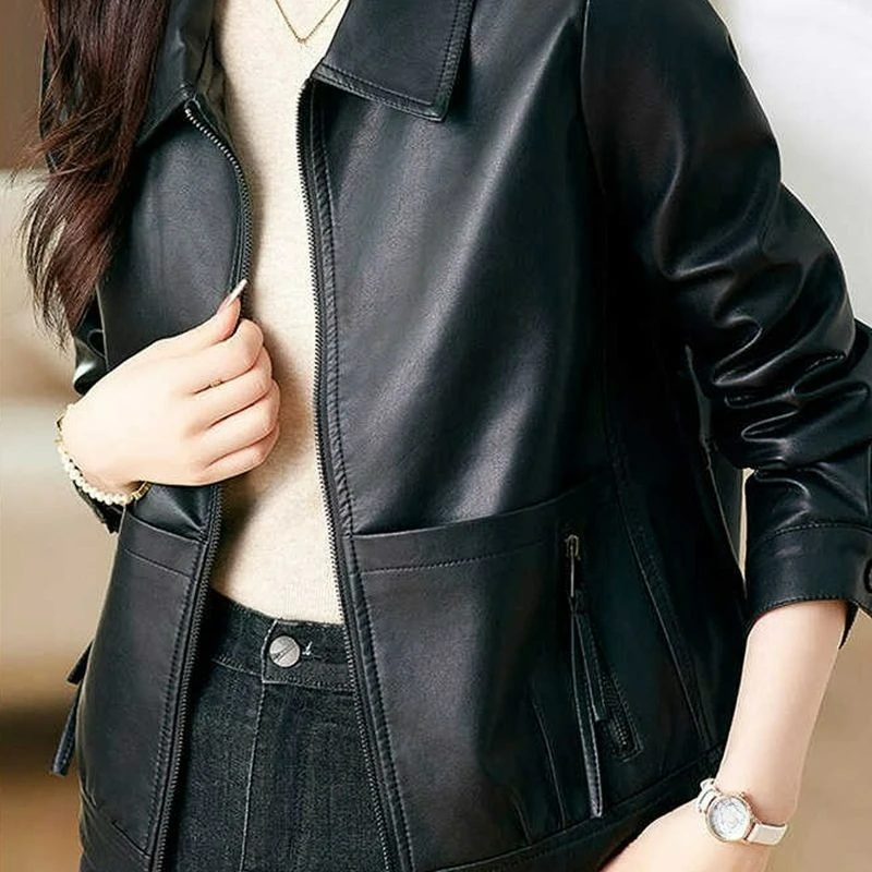 سترة جلدية قصيرة بجيب وسحاب للنساء 2026 ربيع خريف جديد عصري ملابس خارجية فضفاضة غير رسمية ملابس خارجية جلدية عصرية #5
