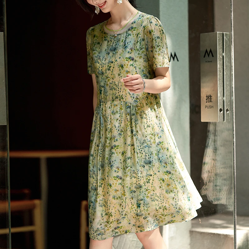 

Prairie Chic Elegant Dresses for Women 2026 Summer 100% Real Silk O-neck Short Sleeve Floral Print Women's Casual Dress A-line