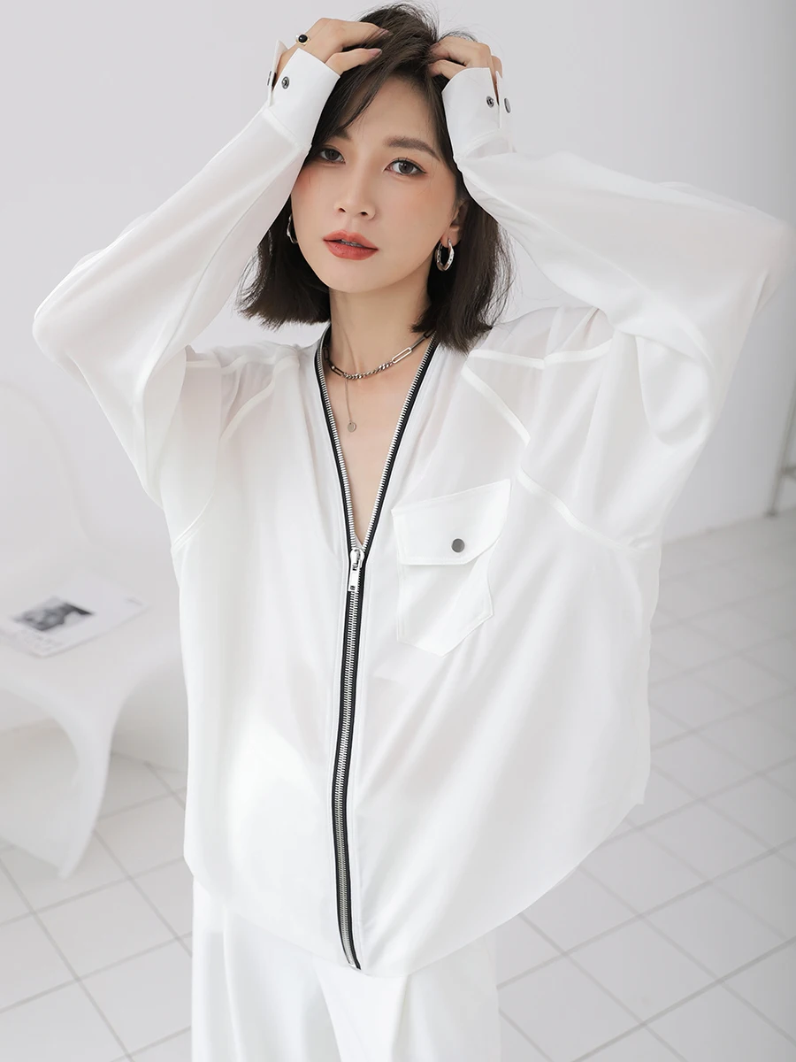 

Женская белая кофта Ele Zipper с защитой от солнца, оригинальный дизайн, осенняя мода 2025, свободный крой, длинный рукав