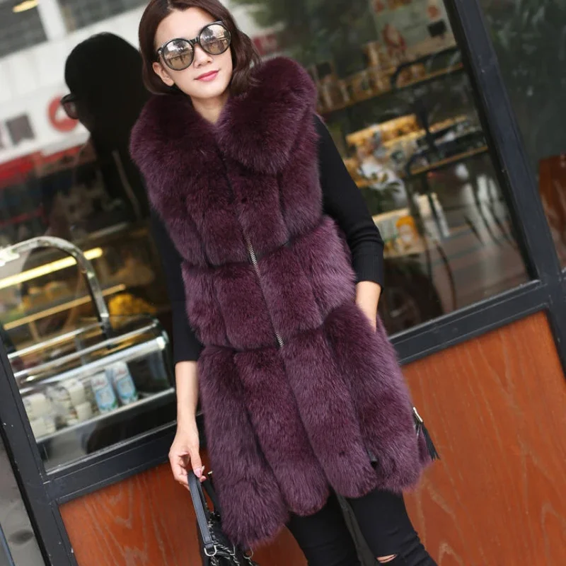 2023 Autumn Winter New Women Faux Fox Fur Coat Mid Length Version Hooded Waistcoat Thicken Warm Casual Outwear Fashion Slim Top