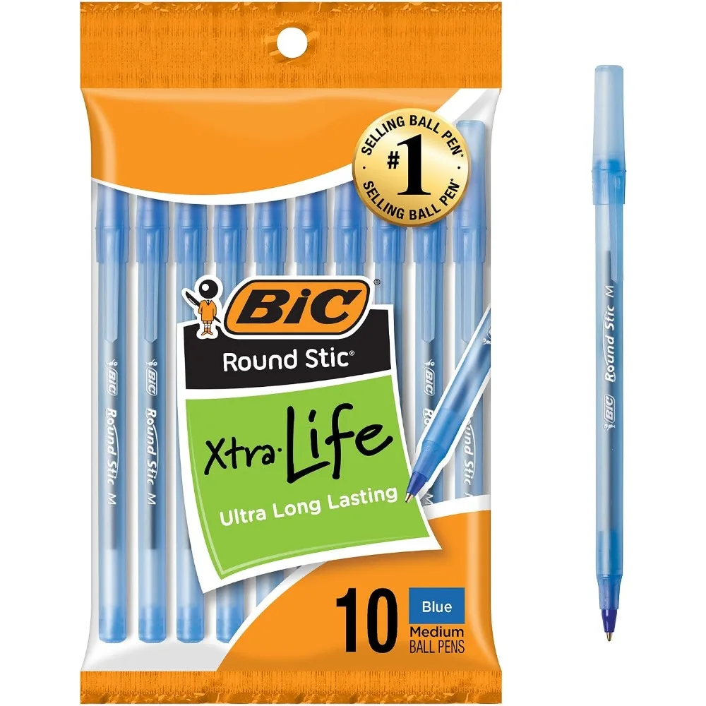 Bulk Pack of 10 Blue Ballpoint Pens Medium Point 1.0mm Flexible Round Barrel for Comfortable Writing Extra Long Life Smooth Ink Pens Office School Supplies