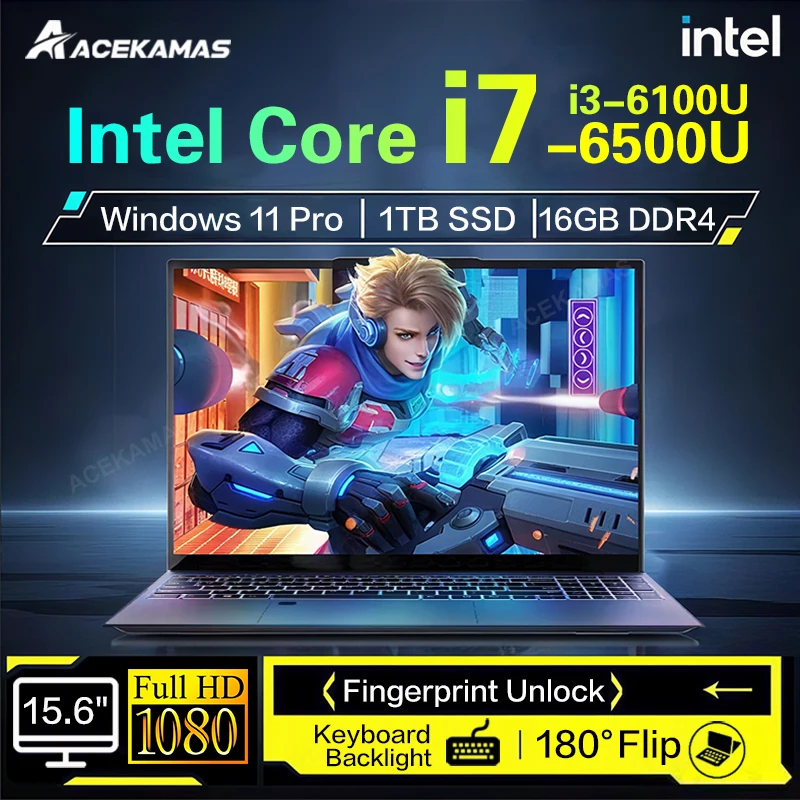 ACEKAMAS 15.6 "Intel Core i7 6500U i3 6100U Potrable كمبيوتر محمول Windows 11 Pro 16GB DDR4 512GB 1 تيرا بايت SSD ألعاب الكمبيوتر المحمول