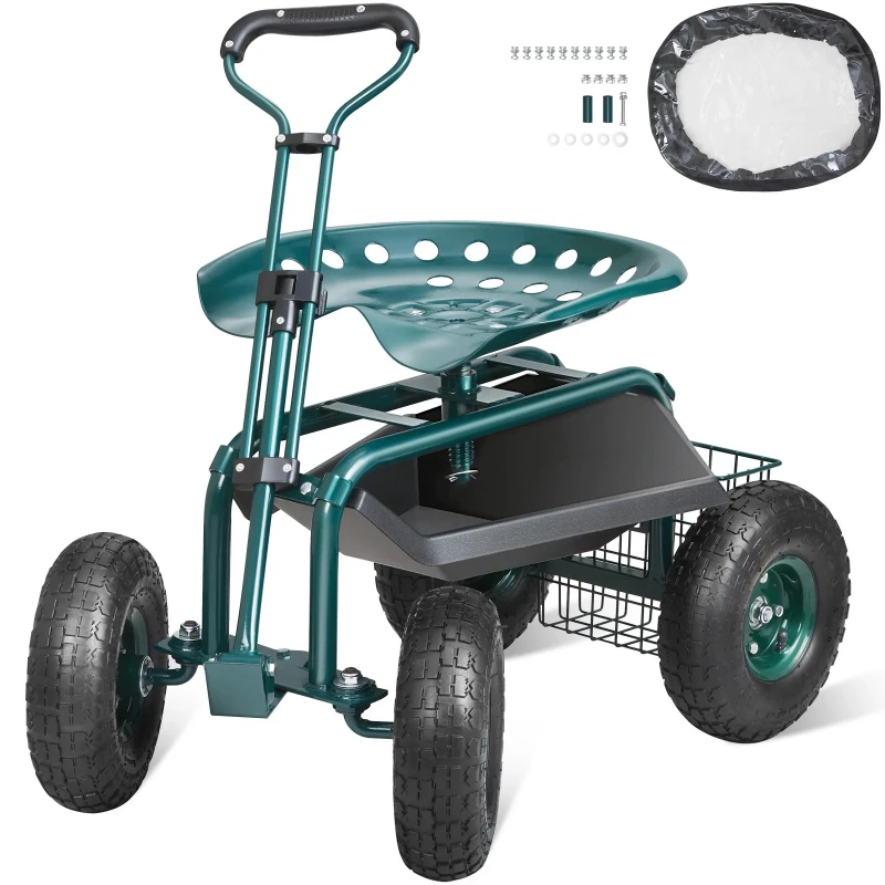 Garden Cart Rolling Workseat with Wheels Gardening Stool for Planting 360Degree Swivel Seat Wagon Scooter with Steering