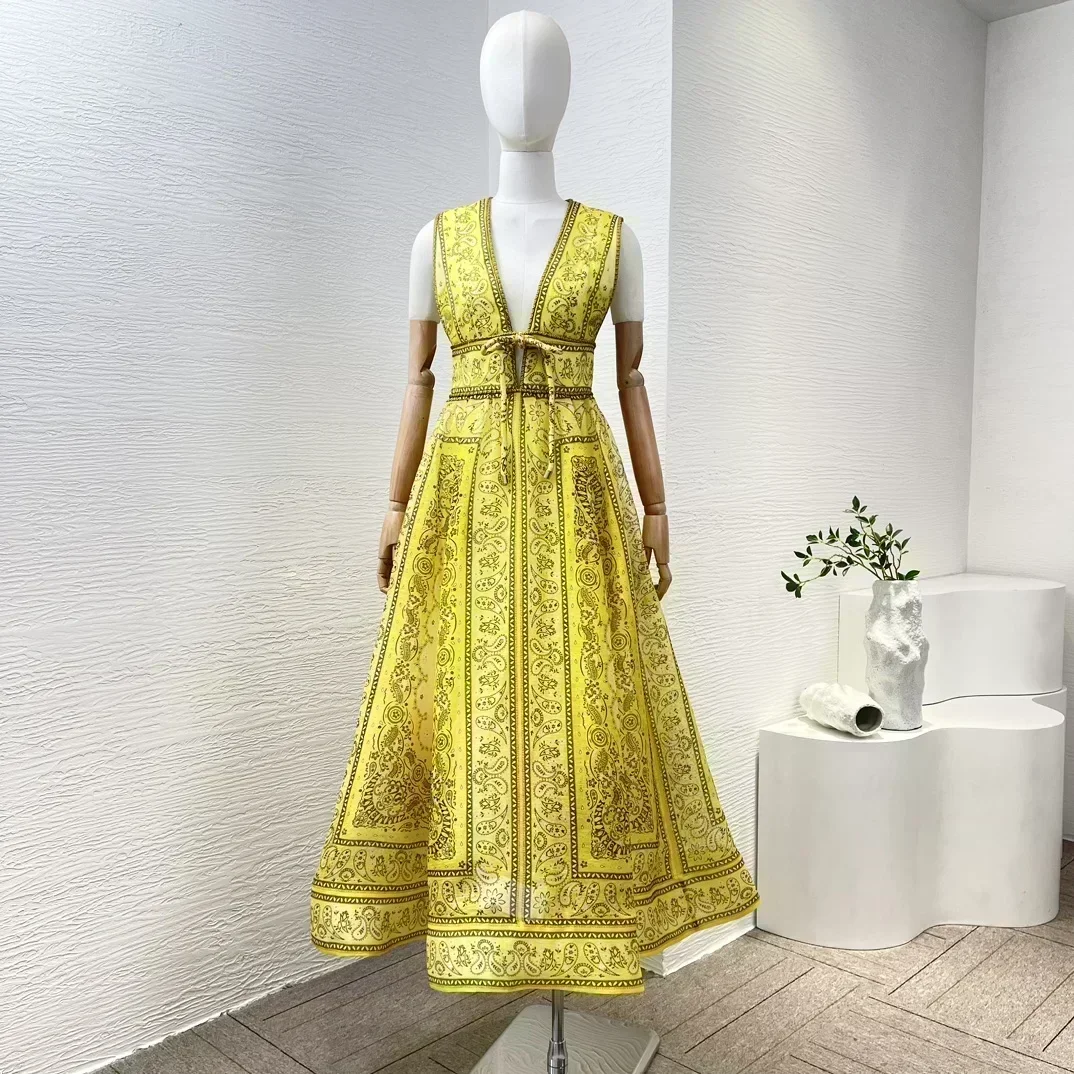 2024 New Collection High Quality Silk Linen Yellow Paisley Print Sleeveless Bow Tie Front Pink Midi Dress for Women