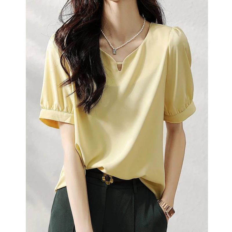 Women Summer Korean Fashion V Neck Hollow Elegant Blouse Yellow Sweet Short Sleeve Shirt Simple High Quality Chiffon Tops Blusas