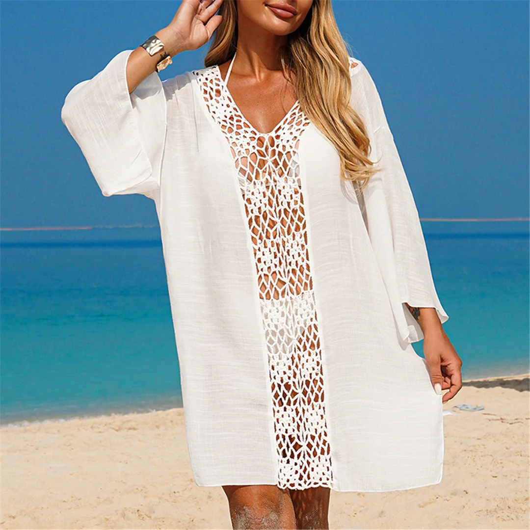 V-Ausschnitt, lange Ärmel, mit Ausschnitten versehen, gehäkelt, gestricktes Tunika-Oberteil, Strandkleid, Strandbekleidung, Damen-Strandkleid, Strandüberwurf, Damen V7580 – Detail 6