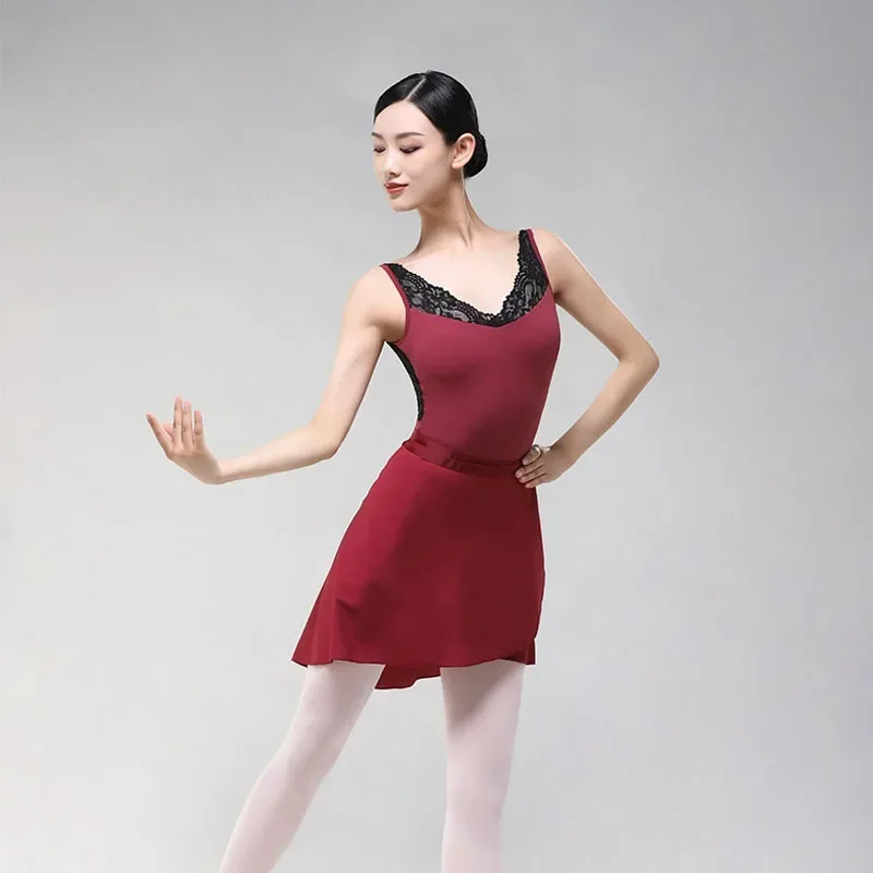 Leotardos de Ballet de encaje con cuello en V y espalda en V para mujer, traje de baño para adultos, body elegante, ropa de baile, leotardo de gimnasia