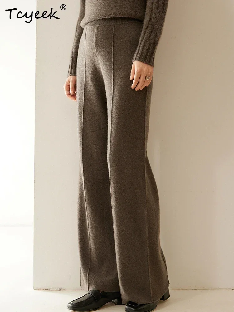 Women's 100% Cashmere Pants Office Lady Straight Pants Autumn Winter Trousers Thicked Elastic Waist  Versatile Trousers Knitwear