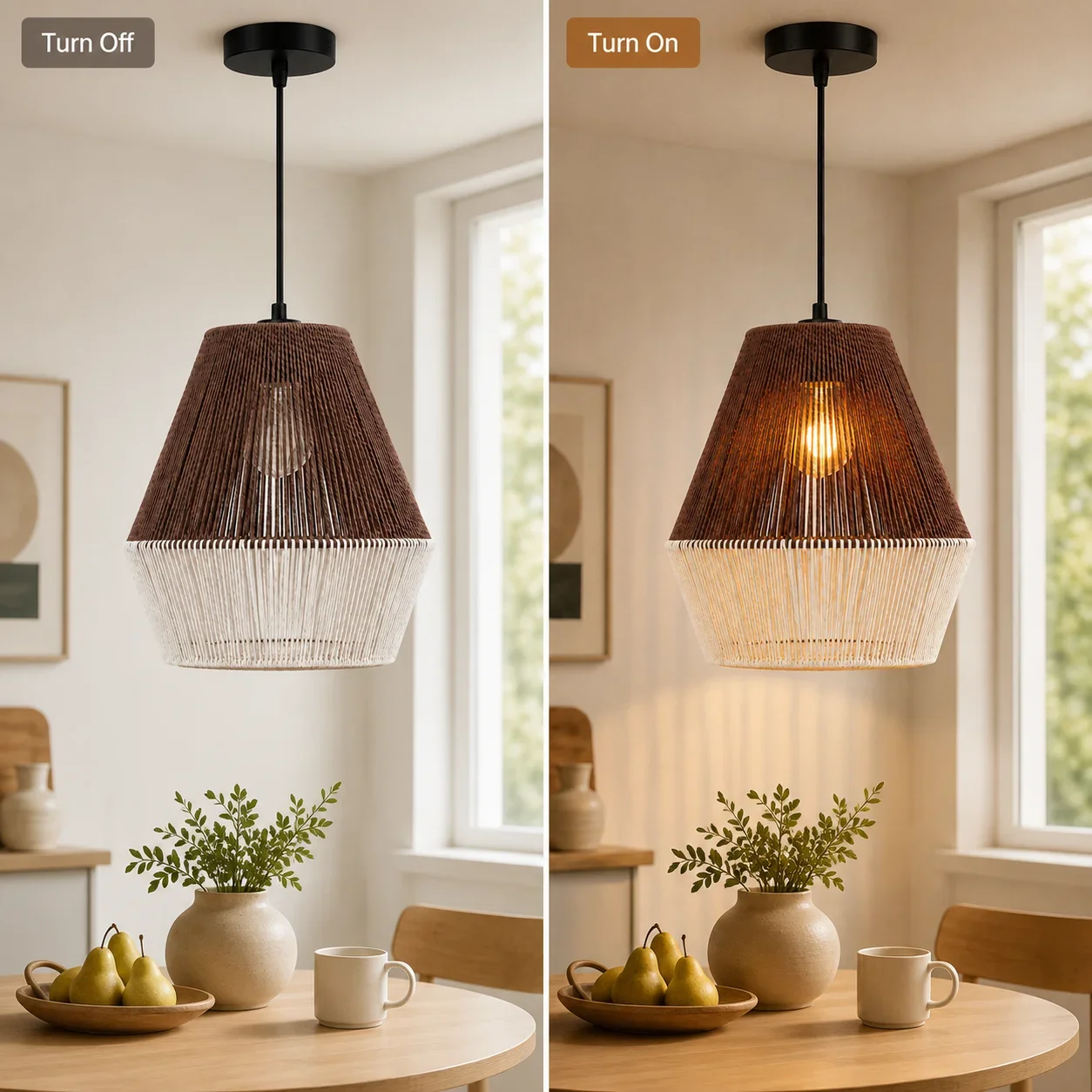 Boho 2-Tone Hand Woven Rattan Pendant Lamp Fixture E27 Handcrafted Artisan Lampshade Hanging Ceiling Light for Kitchen Island
