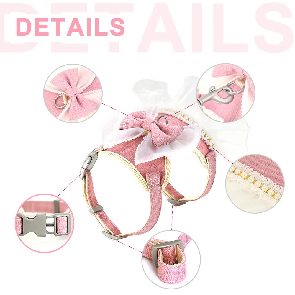 Cute Bowknot Cat Harness Leash Princess Cat Dress Costumes Nylon Kittten Party Dress Puppy Harnesses For Small Dogs Cats Pink