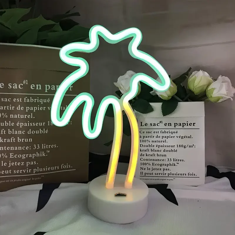 Coconut Tree Shaped Neon Light Sign with Holder Base, Battery or USB Powered LED Neon Lights Palm Tree Design for Home Decor 010