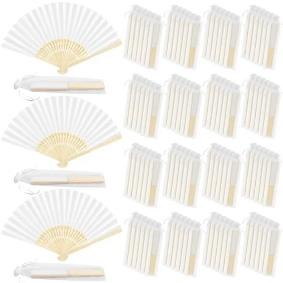 

MCEAST 120 Pieces Wedding Handheld Paper Fans White Bamboo Folding Paper Fan with 120 Organza Bags Foldable Cool Wedding Favors