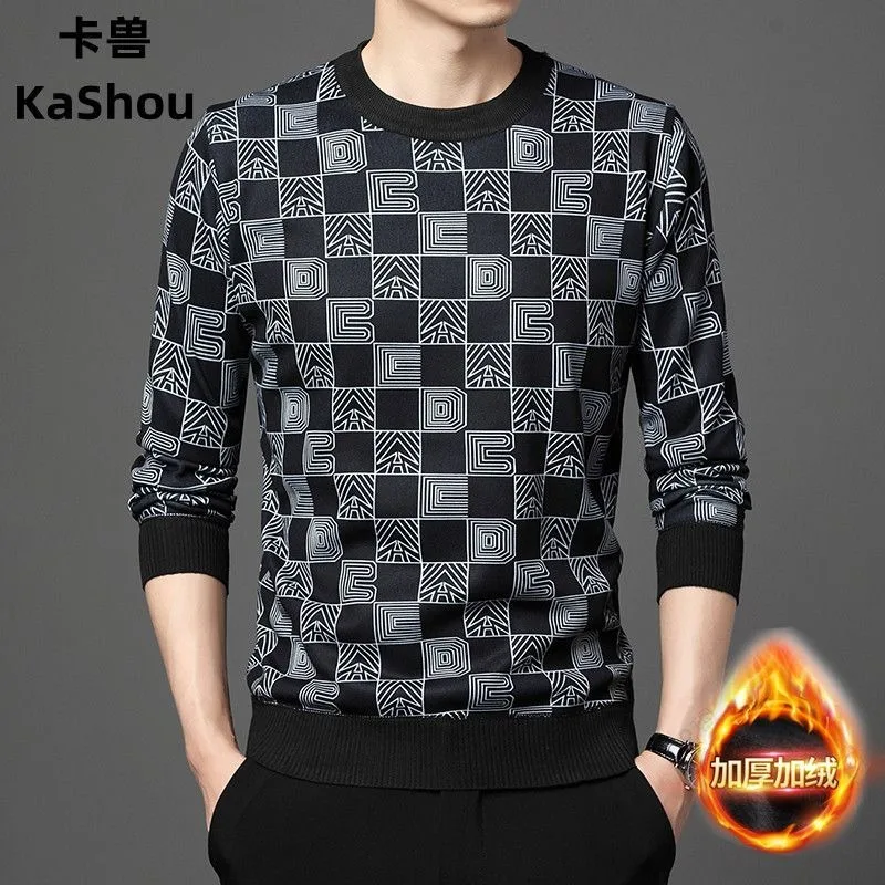 Suéter de cuello redondo para hombre, grueso, de felpa, de punto, informal, a rayas, ropa cálida, invierno