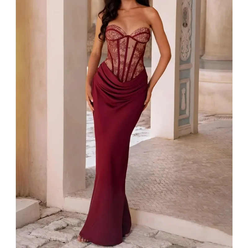 Women Lace Corset Satin Mermaid Maxi Dress Sweetheart Neck Ruched Waist Bodycon Evening Party
