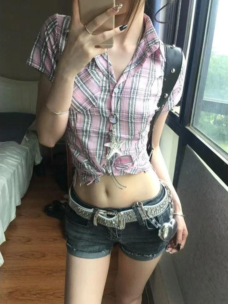 

Retro 2000s Y2k Korean Blouse Shirts Women Plaid Short Sleeve Slim Fit Elegant Daily Casual Office Street Crop Tops Fashion New