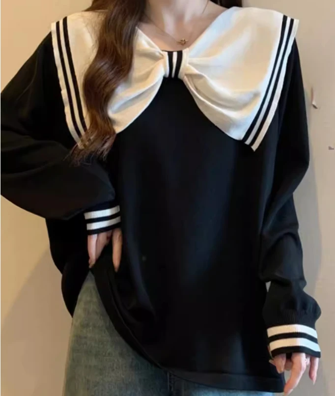 Groot formaat dames herfst contrasterende kleur strik zoete Japanse sweatershirt schattig college losse veelzijdige top met lange mouwen