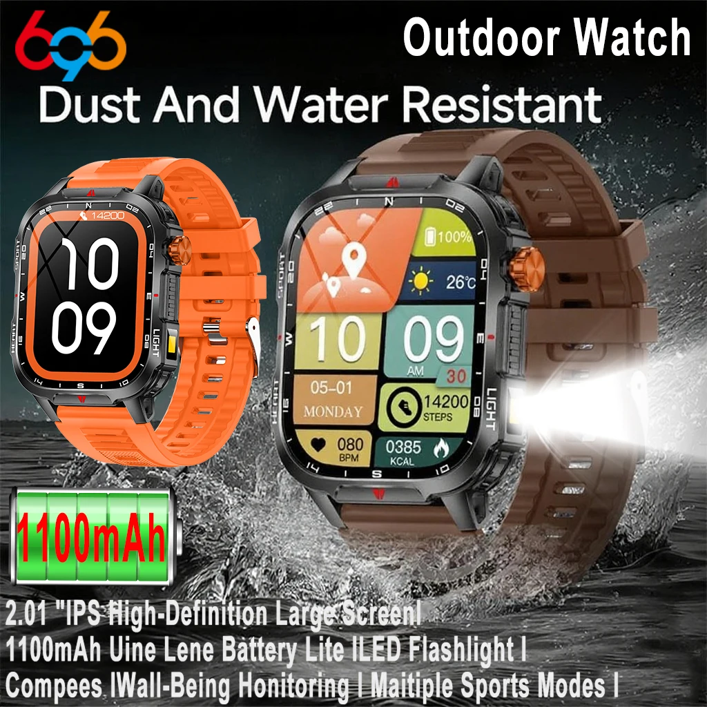 

1100mAh Battery Outdoors Smart Watch Men LED Flashlight Message Push Health Monitor Waterproof BT Call Smartwatch Women Compass