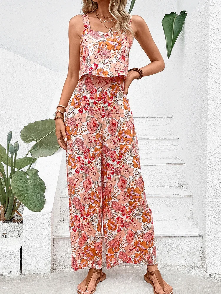 Macacão longo elegante feminino, macacão sexy sem costas e pernas largas, macacão floral sem mangas casual para roupas de verão, novo, 2022