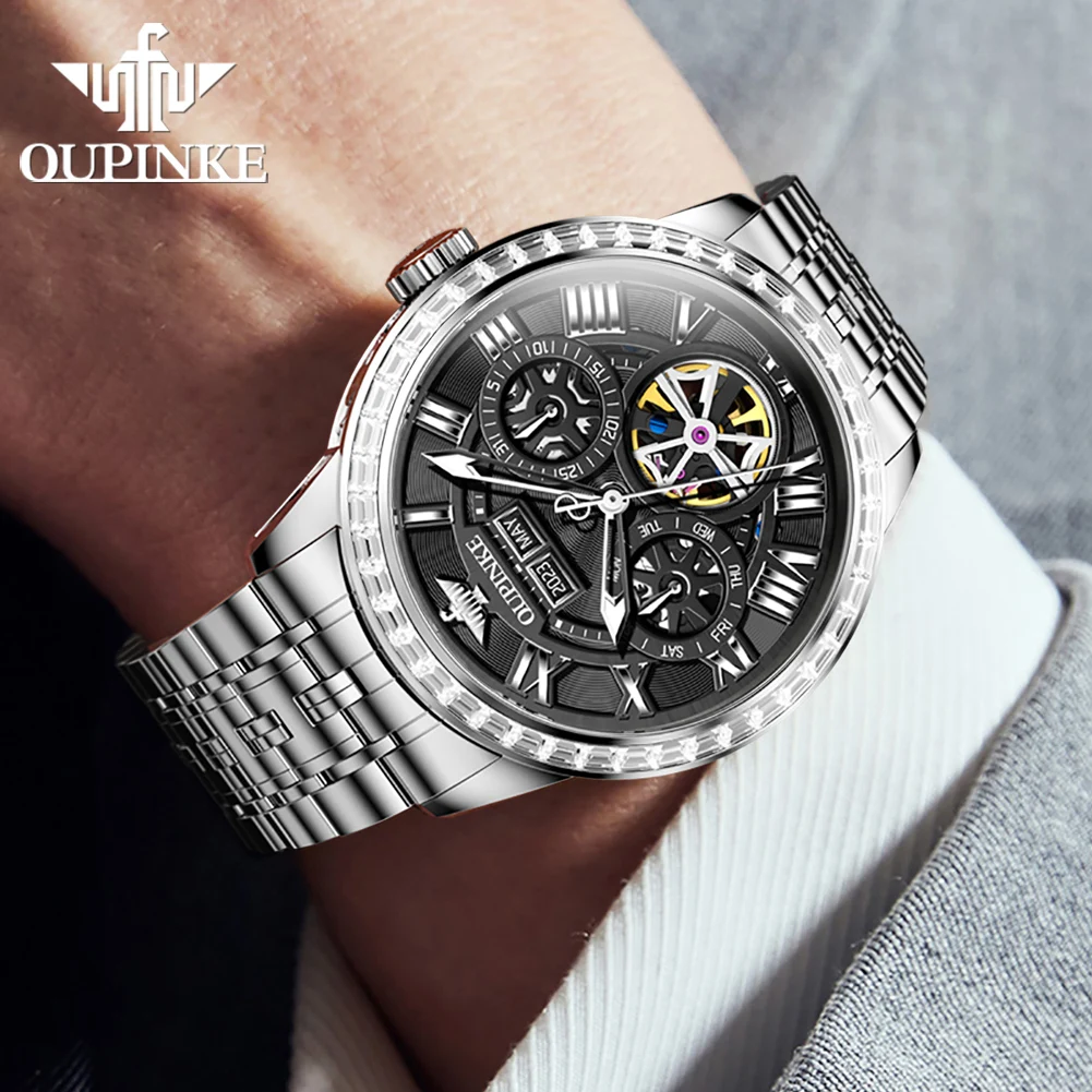 OUPINKE 3252 Automatic Watch For Men Hollow Skeleton Top Brand Mechanical Man Watches Roman Scale Date Fashion Men's Hand Clock