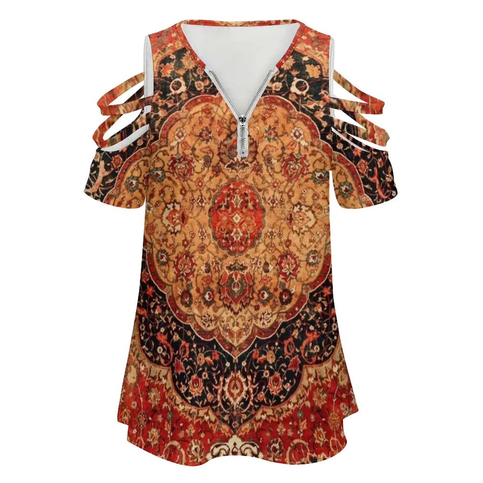 Seley Antique Persian Rug Print Women Zipper Sexy Printed Vintage T Shirts Tops Full Print T-Shirt Rug Carpet Antique Vintage