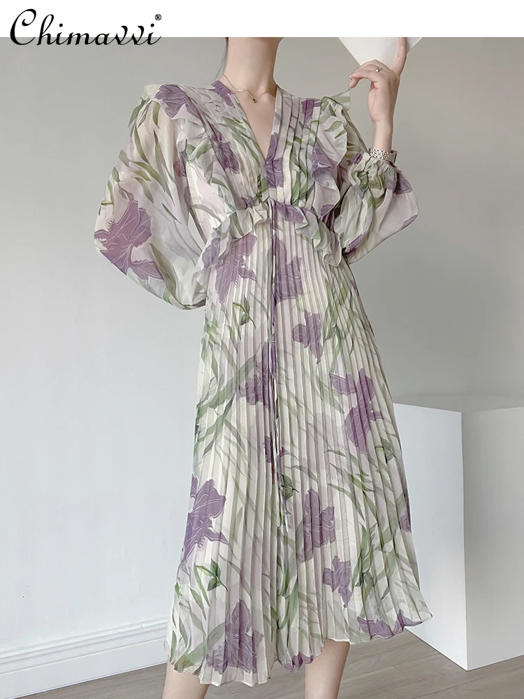 

2024 Spring Unique Fairy Style Purple Floral Printed V-neck Long Sleeve Pleated High Waist Mid-Length Beach Boho Dress Women