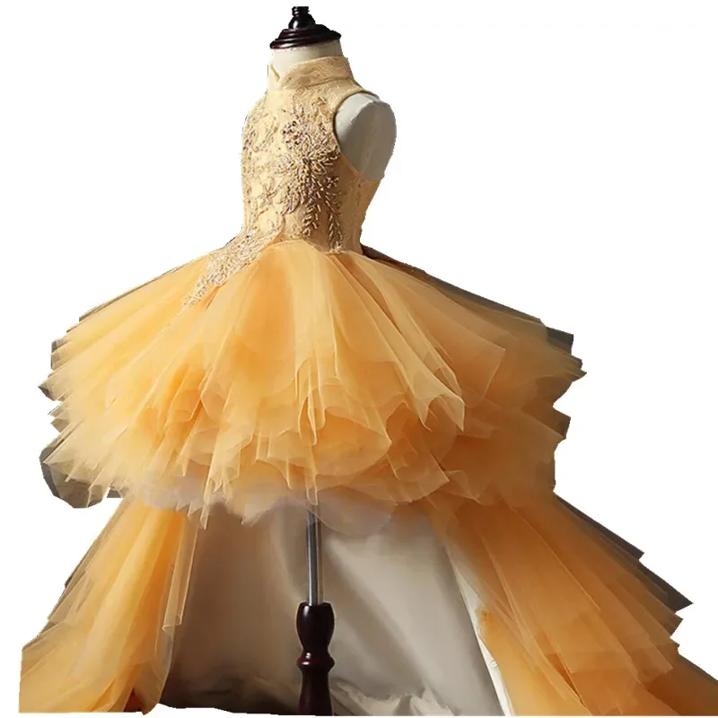 Long Trailing Gold Lace First Communion Dress Beads Tulle Ball Gown Girls Pageant Gown Flower Girl Dress For Weddings