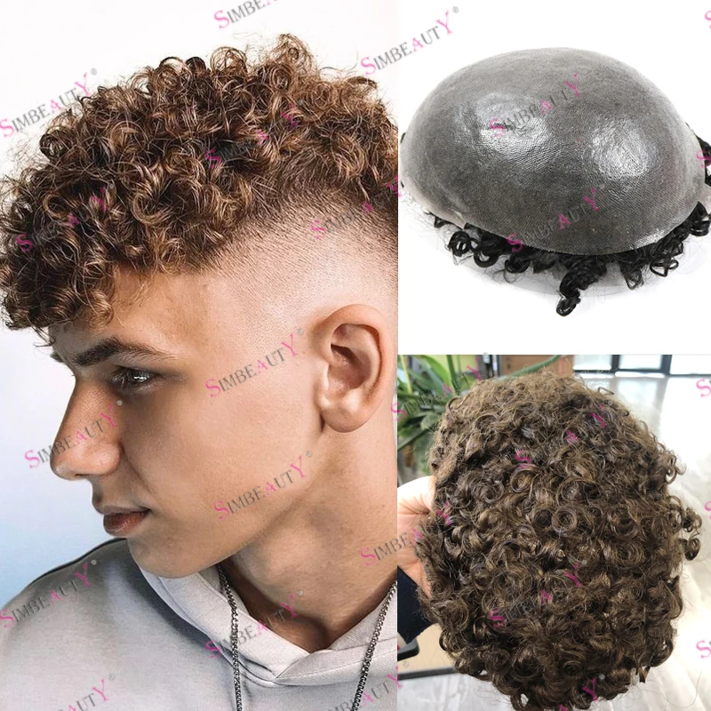 

15mm Curly Men's Human Hair Wigs Replacement Durable Vlooped 0.06mm Base Afo Black Men Toupee Undetectable Natural Hairline