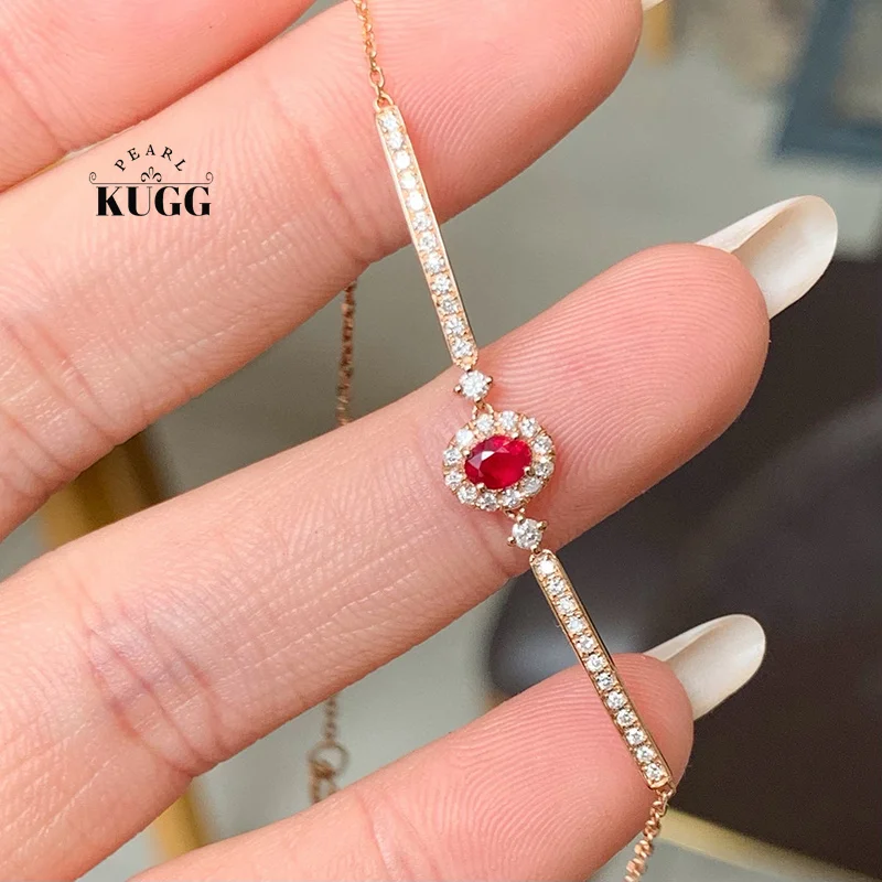 

KUGG 100% 18K Rose Gold Bracelet Fashion INS Style Luxury Diamond Natural Ruby Gemstone Bracelet for Women High Party Jewelry