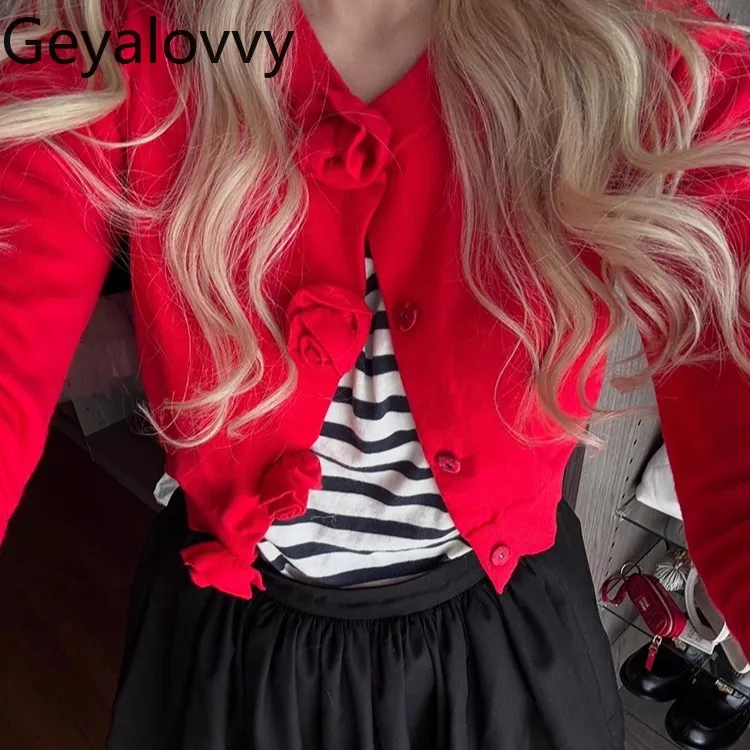 Cardigan a maniche lunghe sottile versatile per ragazze dolci in stile giapponese, girocollo, fiore fatto a mano, maglione lavorato a maglia corto in tinta unita