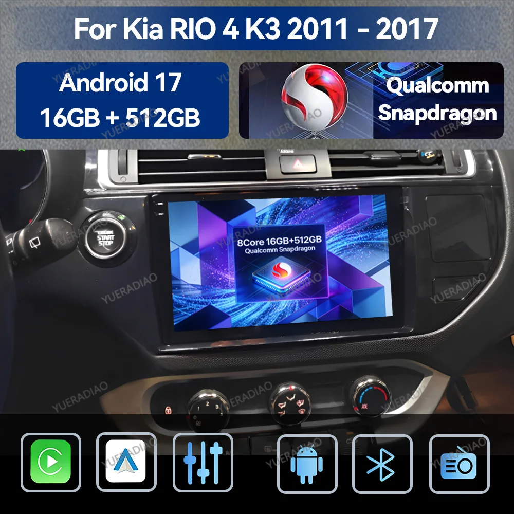 Autoradio Android 17 pour Kia RIO 4 K3 2011 2012 2013 2014 - 2017 Carplay Multimédia Central DVD 4G LTE 5G WIFI Autoradio FM SWC
