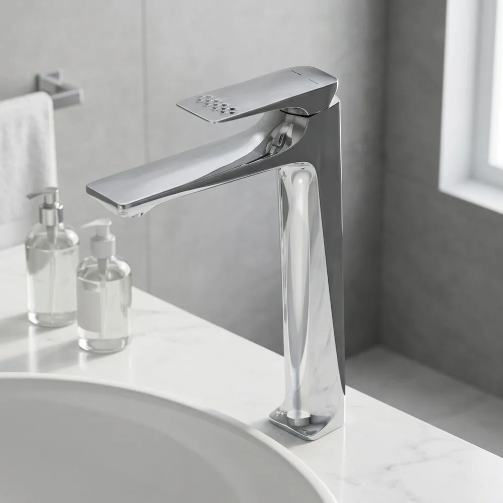 Polished Silver Elevated Faucet for Vessel Sink Brass Construction Tall Spout Design for Bathroom Countertop 27x23x6cm