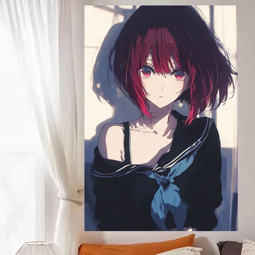 Moody Anime Girl Wall Tapestry Burgundy Short Hair Sailor Uniform Art Wall Hanging Dorm Bedroom Aesthetic Home Background Decor