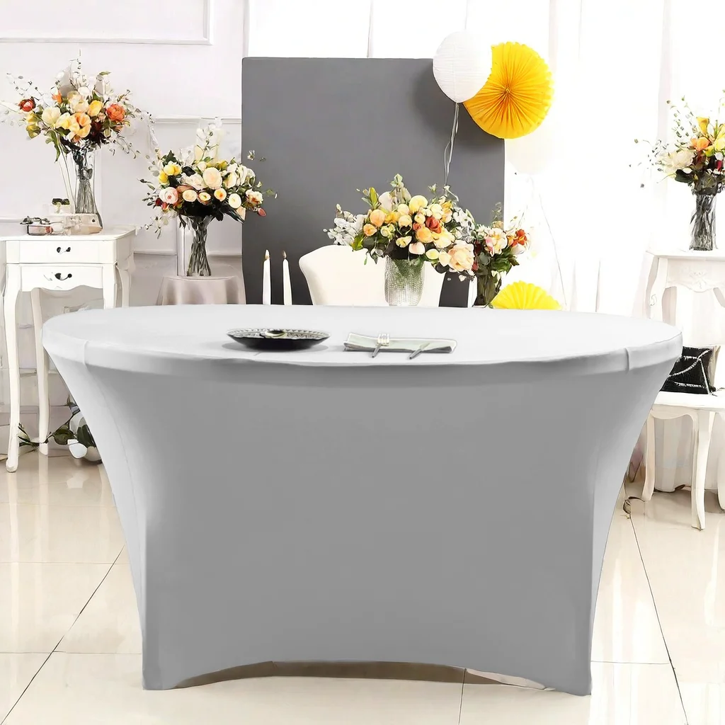 1Pcs. White 5-Foot Round Spandex Tablecloth 60inch Elastic Fit Table Cover (2)