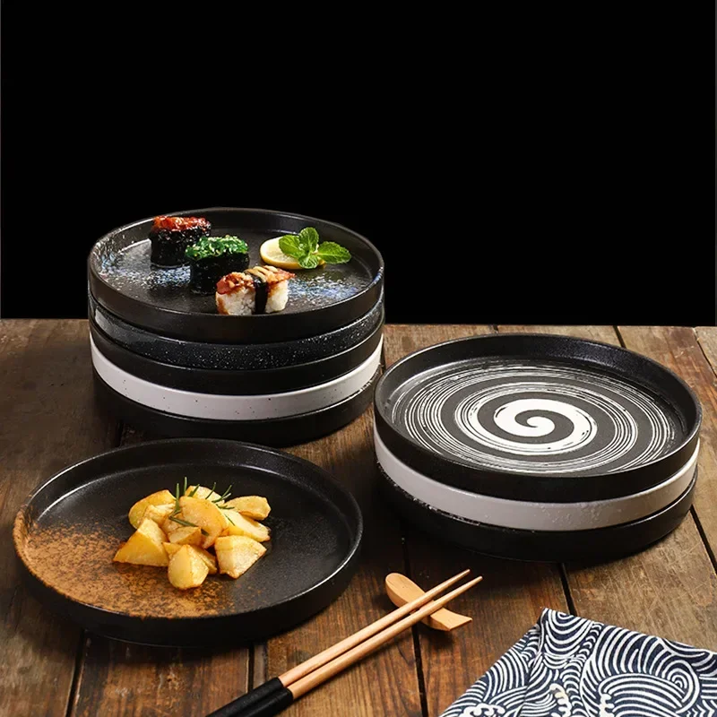 

Round Ceramic Plate Korean Style Flat Bottom Restaurant Tableware Steak Pasta Pizza Tray Cross-Border Dining Utensils