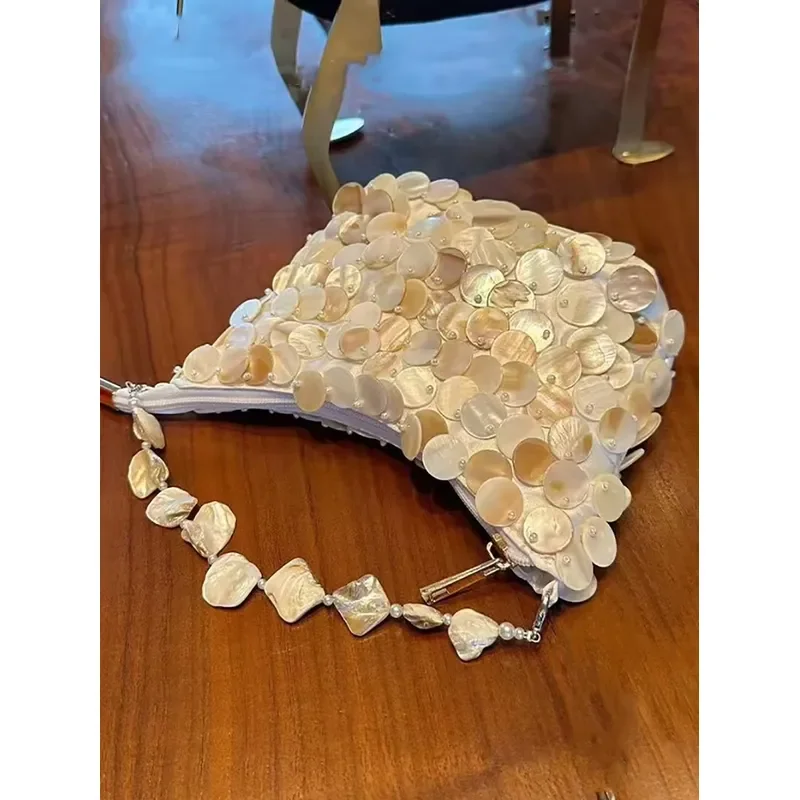 Women Sequin Beaded Tote Bag Handmade Shell Handle Crossbody Summer Beach Vacation Casual Square Purse