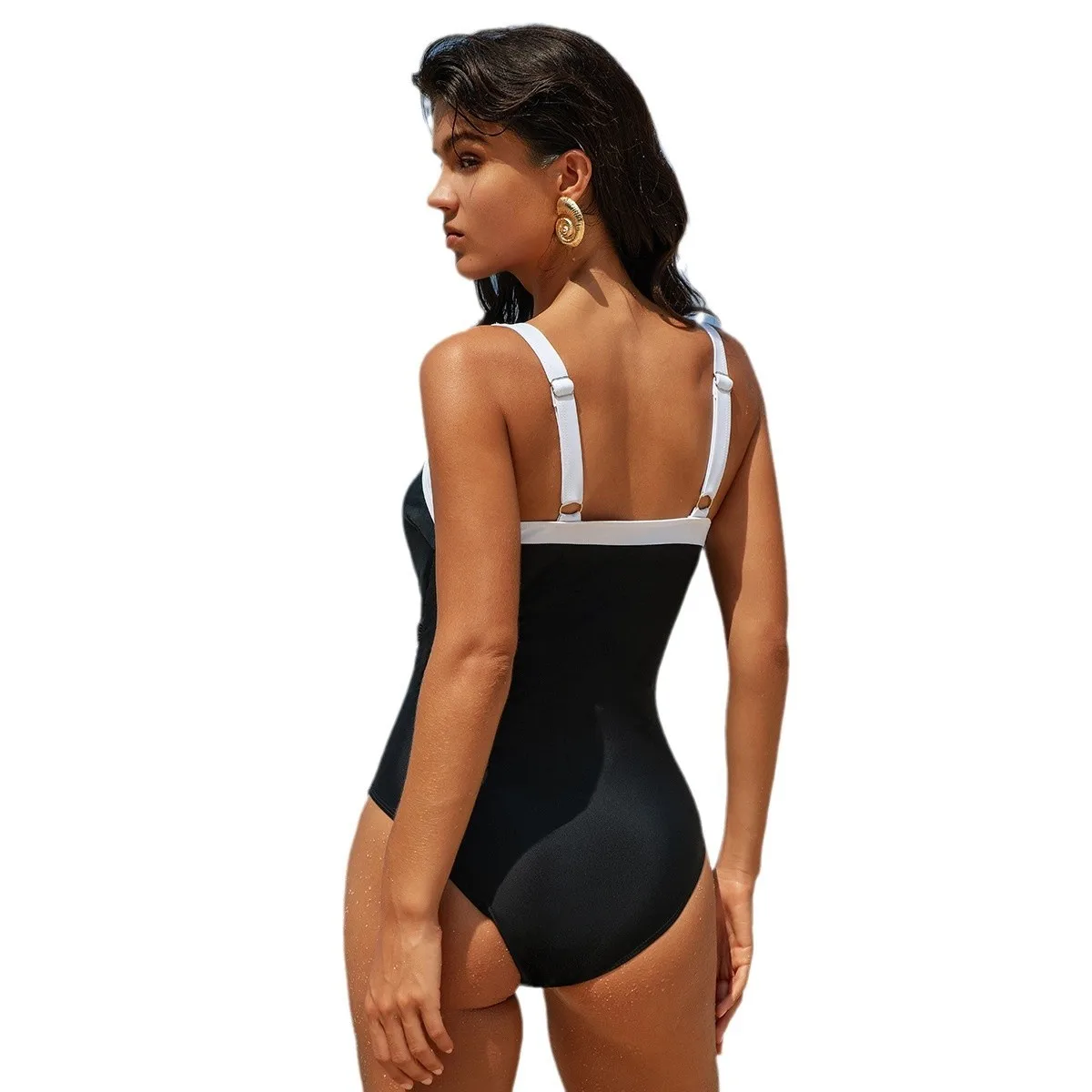 Black Swimsuit V Neck Red Bikini Ruched Waist Green Monokini High Cut Legs Blue Swimsuit Sleeveless Solid Color Contrast Trim - view 5
